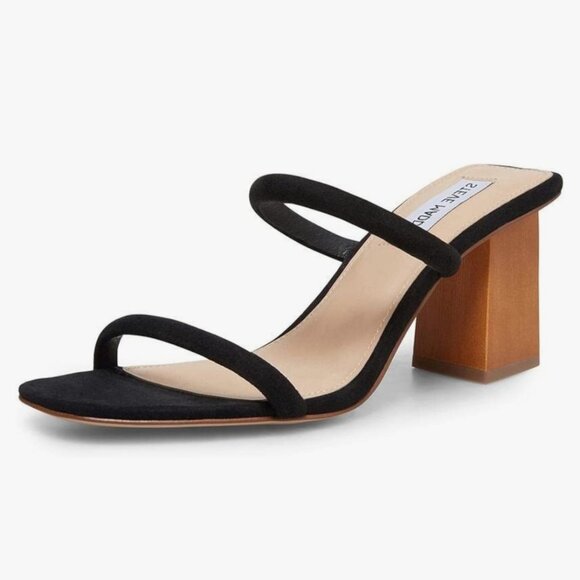 Steve Madden Honey Heeled Sandals Black Slip On Strappy Square Wood Blocky 9.5 - Picture 1 of 12